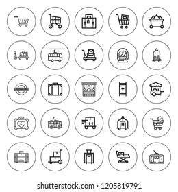 Trolley icon set. collection of 25 outline trolley icons with baggage, cart, food cart, food stand, luggage, metro, shopping cart, stretcher, trolley icons. editable icons.