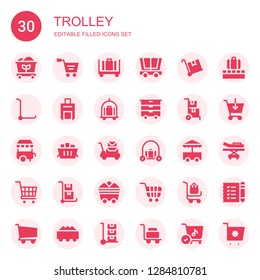 trolley icon set. Collection of 30 filled trolley icons included Coal, Shopping cart, Luggage, Trolley, Cart, Delivery cart, Ice cream cart, Stretcher, Shopping list