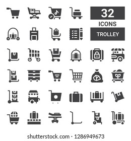 trolley icon set. Collection of 32 filled trolley icons included Trolley, Delivery cart, Stretcher, Luggage, Shopping cart, Ice cream cart, Coal, Food stand, Baggage, Shopping list