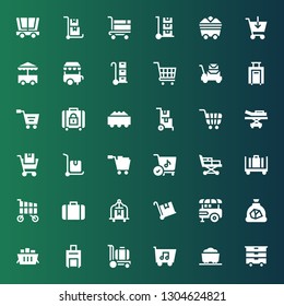 trolley icon set. Collection of 36 filled trolley icons included Cart, Coal, Shopping cart, Trolley, Luggage, Food stand, Stretcher, Delivery cart, Baggage, Ice cream