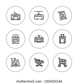 Trolley icon set. collection of 9 outline trolley icons with luggage, metro, shopping cart, stretcher, trolley, tram icons. editable icons.