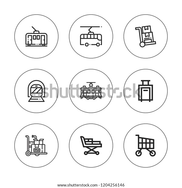 Trolley icon set. collection of 9 outline trolley\
icons with luggage, metro, shopping cart, stretcher, trolley, tram\
icons. editable icons.