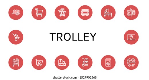 trolley icon set. Collection of Cart, Shopping cart, Tram, Hospital bed, Luggage, Unloading, Trolley, Mine cart icons