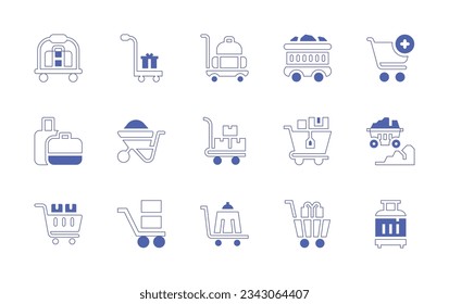 Trolley icon set. Duotone style line stroke and bold. Vector illustration. Containing hotel cart, trolley, coal, add cart, suitcase, shopping cart, mine cart, food trolley, gift, luggage.