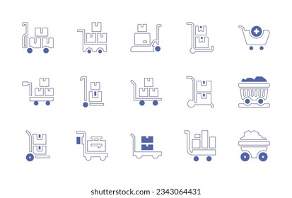 Juego de iconos del carro. Curso de línea de estilo duotónico y negrita. Ilustración vectorial. Conteniendo carro, añada al carro, carbón, carrito de vagones.