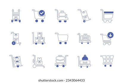 Juego de iconos del carro. Curso de línea de estilo duotónico y negrita. Ilustración vectorial. Conteniendo el tranvía, el equipaje, el carro de la compra, añadir al carro, la entrega.