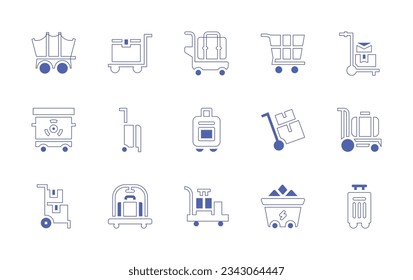 Trolley icon set. Duotone style line stroke and bold. Vector illustration. Containing caravan, delivery, luggage cart, trolley, garbage, travel baggage, luggage, delivery cart, hotel cart, coal.