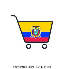 Plantilla de logotipo de Ilustración del vector de iconos de los vagones. Icono de la bandera de Ecuador con dibujos animados al estilo cómico. Pictograma de ilustración de signo de Ecuador. COMPRA EN ECUADOR.