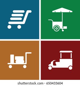 Trolley icons set. set of 4 trolley filled icons such as luggage, fast food cart