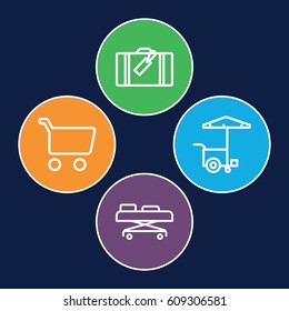 Trolley icons set. set of 4 trolley outline icons such as luggage, fast food cart, hospital stretch