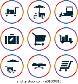 trolley icons set. Set of 9 trolley filled icons such as luggage, fast food cart, luggage cart, hospital stretch