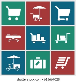 Trolley icons set. set of 9 trolley filled icons such as luggage, fast food cart, luggage cart, hospital stretch