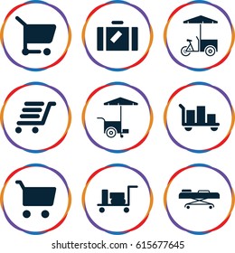 Trolley icons set. set of 9 trolley filled icons such as luggage, fast food cart, luggage cart, hospital stretch
