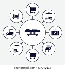 Trolley icons set. set of 9 trolley filled icons such as luggage, fast food cart, luggage cart, hospital stretch