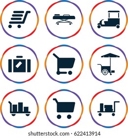 Trolley icons set. set of 9 trolley filled icons such as luggage, fast food cart, luggage cart, hospital stretch