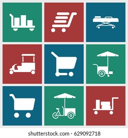 Trolley icons set. set of 9 trolley filled icons such as luggage, fast food cart, luggage cart, hospital stretch