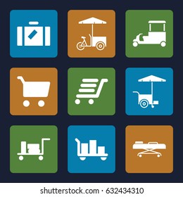 Trolley icons set. set of 9 trolley filled icons such as luggage, fast food cart, luggage cart, hospital stretch