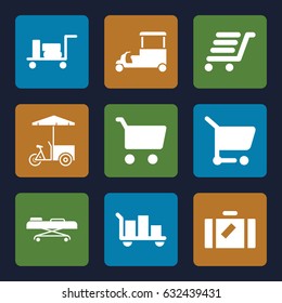Trolley icons set. set of 9 trolley filled icons such as luggage, fast food cart, luggage cart, hospital stretch