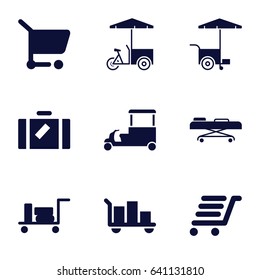 Trolley icons set. set of 9 trolley filled icons such as luggage, fast food cart, luggage cart, hospital stretch