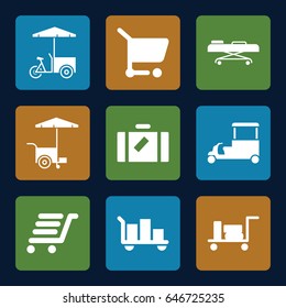 Trolley icons set. set of 9 trolley filled icons such as luggage, fast food cart, luggage cart, hospital stretch