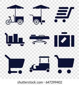 Trolley icons set. set of 9 trolley filled icons such as luggage, fast food cart, luggage cart, hospital stretch