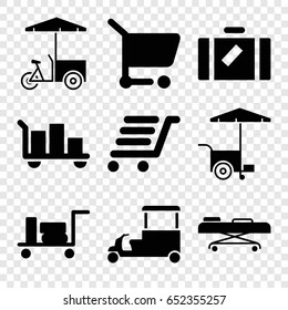 Trolley icons set. set of 9 trolley filled icons such as luggage, fast food cart, luggage cart, hospital stretch