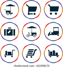 Trolley icons set. set of 9 trolley filled icons such as luggage, fast food cart, luggage cart