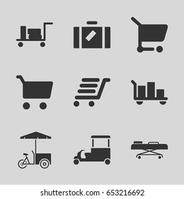 Trolley icons set. set of 9 trolley filled icons such as luggage, fast food cart, luggage cart, hospital stretch