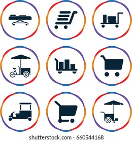 Trolley icons set. set of 9 trolley filled icons such as luggage, fast food cart, luggage cart, hospital stretch