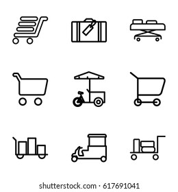 Trolley icons set. set of 9 trolley outline icons such as luggage, fast food cart, luggage cart, hospital stretch