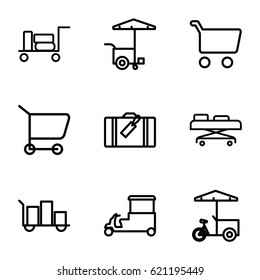 Trolley icons set. set of 9 trolley outline icons such as luggage, fast food cart, hospital stretch