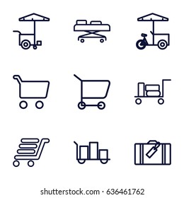 Trolley icons set. set of 9 trolley outline icons such as luggage, fast food cart, luggage cart, hospital stretch