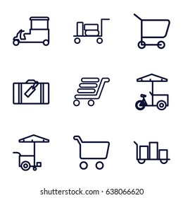 Trolley icons set. set of 9 trolley outline icons such as luggage, fast food cart, luggage cart