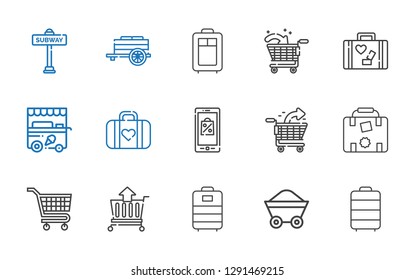 trolley icons set. Collection of trolley with wagon, cart, carts, luggage, shopping cart, mobile shopping, ice cream cart, subway. Editable and scalable trolley icons.