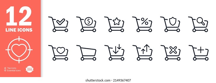 Trolley icons set. Product search. Purchase. Loading and unloading the cart. Check mark. Discount. Vector eps 10