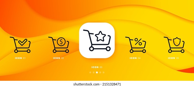 Trolley icons set. Product search. Purchase. Loading and unloading the cart. Check mark. Discount. Vector eps 10