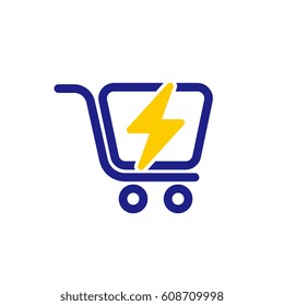 trolley and lightning logo. quick shopping symbol.