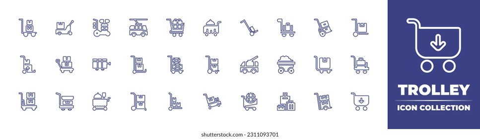 Trolley line icon collection. Editable stroke. Vector illustration. Containing trolley, logistics, golf, bus, shopping trolley, food trolley, trolleybus, coal, truck, luggage.
