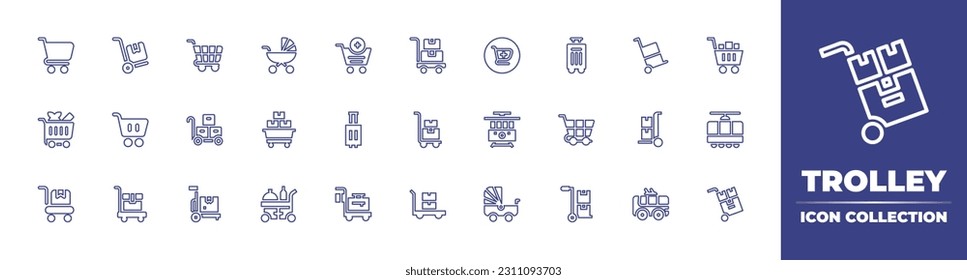 Trolley line icon collection. Editable stroke. Vector illustration. Containing trolley cart, shopping cart, trolley, add to cart, add cart, bag, shopping, car, food trolley.