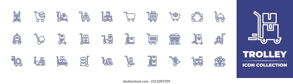 Sammlung von Symbolen der Trolley-Linie. Bearbeitbarer Strich. Vektorgrafik. Mit Trolley, Einkaufswagen, zum Warenkorb, Gepäck, Lebensmittelkarren, Lieferung, Kohle, Wagen.