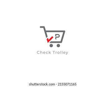 Trolley Logo Concept sign icon symbol Design with Letter P. Trolley and Checkmark Combination Logo . Vector illustration logo template