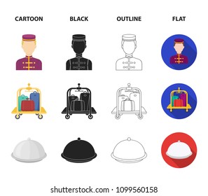 Trolley with luggage, safe, swimming pool, clutch.Hotel set collection icons in cartoon,black,outline,flat style vector symbol stock illustration web.