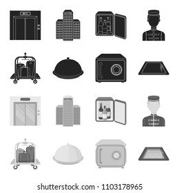 Trolley with luggage, safe, swimming pool, clutch.Hotel set collection icons in black,monochrome style vector symbol stock illustration web.