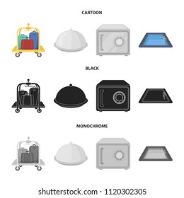 Trolley with luggage, safe, swimming pool, clutch.Hotel set collection icons in cartoon,black,monochrome style vector symbol stock illustration web.