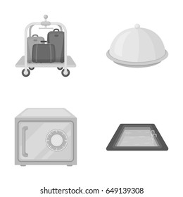 Trolley with luggage, safe, swimming pool, clutch.Hotel set collection icons in monochrome style vector symbol stock illustration web.
