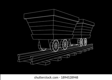 Trolley mine on rails. Wireframe low poly mesh vector illustration.