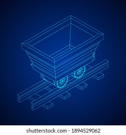 Trolley mine on rails. Wireframe low poly mesh vector illustration.