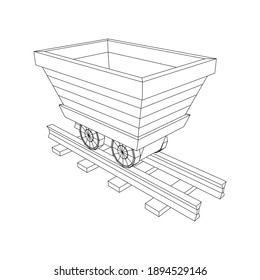 Trolley mine on rails. Wireframe low poly mesh vector illustration.