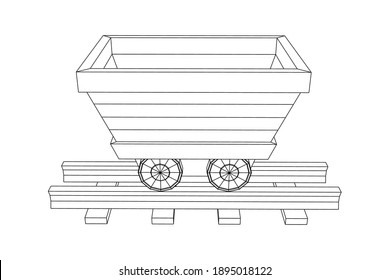 Trolley mine on rails. Wireframe low poly mesh vector illustration.