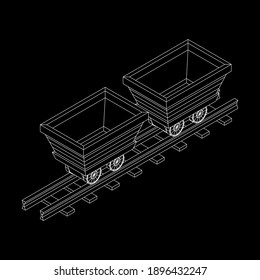 Trolley mine on rails. Wireframe low poly mesh vector illustration.